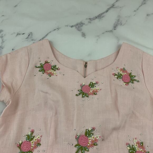Renmor Womens Vintage 60s Sheath Dress Size M Pink Rose Floral Applique Bow - Picture 2 of 9